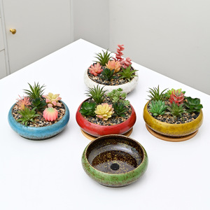 Pots en céramique créatifs et colorés à glaçure changeante avec plateau en bambou pour la décoration intérieure de bureau - Product Image 3