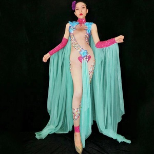 Elf Fata Fiore Del <span class=keywords><strong>Costume</strong></span> Moderno Femminile Cantante di Nightclub Tuta Dj Strass a Mano Del Manicotto Del Mantello Del Gogo Vestito Fase Costumi - Product Image 1