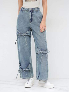 Jean cargo en denim délavé taille haute pour <span class=keywords><strong>femme</strong></span>, style Y2K, coupe large droite, avec nœud, streetwear vintage uni - Product Image 2