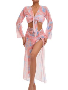 Conjunto de Bikini de vacaciones de playa con protección solar de cuatro piezas de cintura alta para mujer, ropa protectora solar de manga larga, nuevo traje de baño - Product Image 6