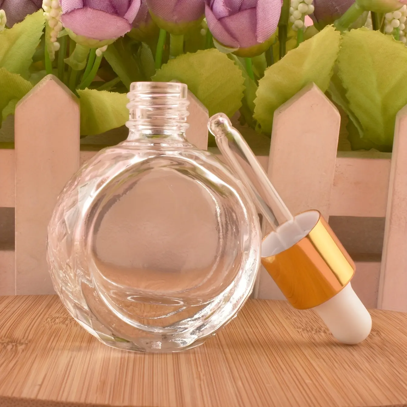 0.34oz Recyclable Clear Dropper Bottle Flat Round Glass Essential Oil Vials Travel Refillable Liquid Perfume Eye Dropper Bottle