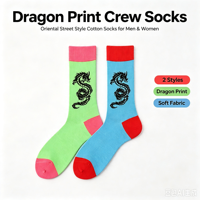 Chaussettes en coton mi-mollet personnalisées avec imprimé dragon chinois pour hommes et femmes, chaussettes décontractées bicolores, vente en gros