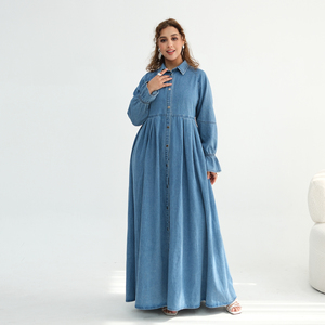 Robe longue en jean é<span class=keywords><strong>l</strong></span>égante et décontractée Loriya, style Abaya pour femmes musulmanes, Abaya islamique pour <span class=keywords><strong>l</strong></span>'automne et le printemps, Abaya quotidienne avec boutons à <span class=keywords><strong>l</strong></span>'avant - Product Image 2