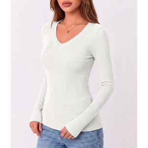 Camiseta de Punto Acanalado de Manga Larga con Cuello en V para Mujer, Ajustada, Básica, Informal, para Otoño, Suave y Elástica - Product Image 5