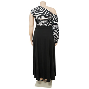 Summer Hot Selling Products Plus Size Women's Clothing <strong>Zebra</strong> <strong>Print</strong> One Shoulder <strong>Top</strong> Sexy Slit Skirt Two-piece Set - Product Image 4