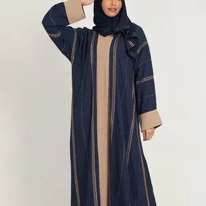 New Arrival Wear Muslim Dress Open Abaya With Inner Dress Solid Chiffon Islamic Dark Blue Luxury Clothing Women Dress