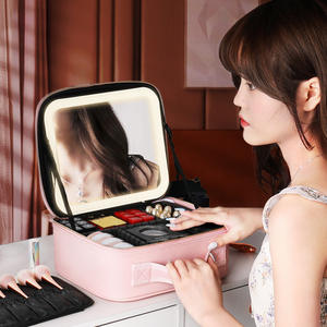 Bolsa de maquillaje NiceEnd con espejo iluminado, estuche de cuero PU de gran capacidad para cosméticos, bolsa de almacenamiento de viaje para mujer, asa suave - Product Image 4