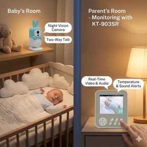 กล้องวงจรปิดสำหรับเด็ก KT-903SR เชื่อมต่อแบบส่วนตัว ความละเอียด 720P ซูม 2 เท่า มองเห็นในเวลากลางคืน พร้อมเสียงไวท์นอยส์ แบตเตอรี่แบบชาร์จได้ สั่งซื้อจำนวนมาก - Product Image 4