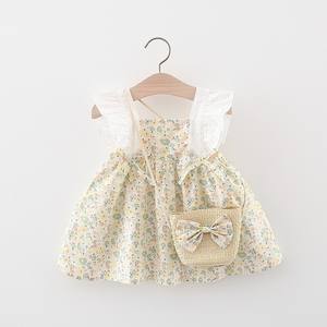 1454 filles été jupe florale robe nouveaux vêtements pour enfants avec décoration en dentelle pour la plage vient bambou panier sac à bandoulière - Product Image 3