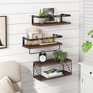 Set di Mensole Galleggianti da Parete in Stile Rustico per <span class=keywords><strong>Bagno</strong></span> e Cucina, Scaffali in <span class=keywords><strong>Legno</strong></span> <span class=keywords><strong>con</strong></span> Struttura in Metallo - Product Image 5