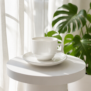 Set di Tazza e Piattino in Ceramica <span class=keywords><strong>Porcellana</strong></span> <span class=keywords><strong>Bianca</strong></span> Classica PITO 100ML con Manico a D per Tè, Caffè, Ristoranti e Hotel, Vendita all'Ingrosso - Product Image 4
