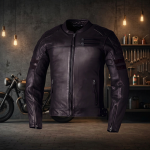 Blouson de moto en cuir véritable pour homme, col montant, fermeture éclair, coupe ajustée, style motard, coupe-vent, pour l'automne - Product Image 4