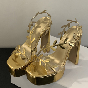 Sandalias de Plataforma Gruesa con Punta Abierta para Mujer, Tacones Altos y Gruesos con Decoración de Hojas, Sandalias de Verano con Tiras de PVC - Product Image 5