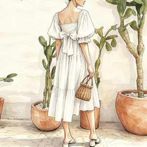 Abito Midi <span class=keywords><strong>da</strong></span> Donna alla Moda con <span class=keywords><strong>Scollo</strong></span> Arricciato Rotondo, Maniche a Sbuffo e <span class=keywords><strong>Schiena</strong></span> Aperta con Lacci - Product Image 1