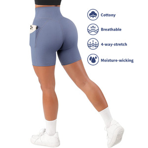 Pantalones cortos de gimnasio de tela elástica para mujer, <span class=keywords><strong>Shorts</strong></span> deportivos para correr y Yoga con bolsillos - Product Image 3