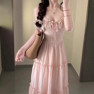 French Style Romantic Pink Slip <b>Dress</b> Sweetheart Neck Lace Trim Empire Waist <b>Long</b> Casual <b>Dress</b> Daily Wear Breathable - Product Image 2