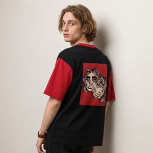 Men's Black Red Contrast Sleeve T-Shirt With 99 Print And Artistic Back Design Casual O-Neck Short Sleeve Jersey Cotton Tee - Product Image 2