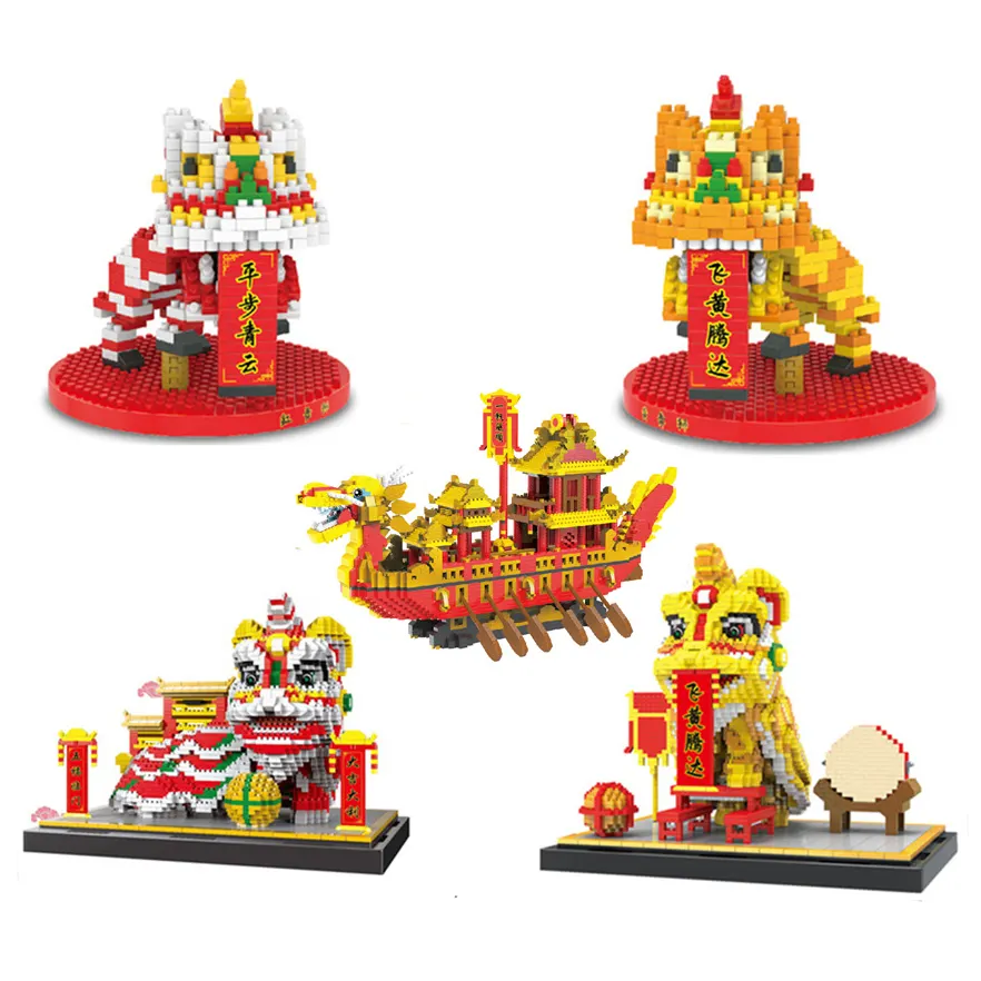 Neue Versammlung Chinesische traditionelle Kultur Drachenboot Koi Fisch Micro Brick Modell Lion Dance Mini Baustein Spielzeug für Kinder
