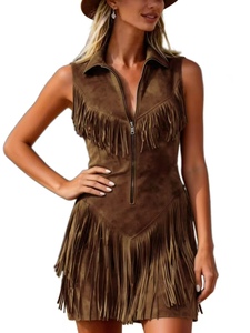 <span class=keywords><strong>Vestido</strong></span> de mujer estilo <span class=keywords><strong>vaquero</strong></span> occidental de gamuza sintética con flecos, sin mangas, mini, con cremallera frontal, con cuello, multicolor - Product Image 2
