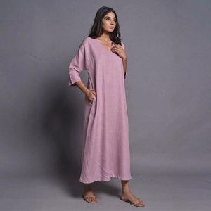 Vestido Largo Informal de Verano para Mujer, Color Morado Claro, Lino y Algodón, Cuello en V, Manga Murciélago 3/4, Corte Holgado - Product Image 1