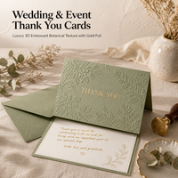 Ensemble de cartes de remerciement personnalisées de luxe vert sauge 4x6 pouces 350 g/m² avec enveloppes, dorure à chaud botanique en relief pour cadeau de mariage
