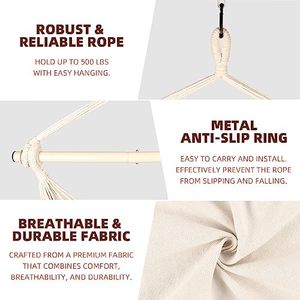 Silla Hamaca Colgante de Cuerda Beige para Interiores o Exteriores con Elegantes Borlas, Capacidad Máxima de 500 Libras, con 2 Cojines - Product Image 5