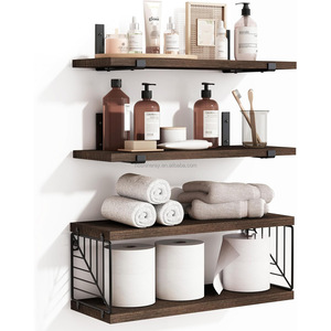 4 Tier Industrial Wall Mounted Decor Over Toilet Steel &amp; Wood Basket with Leaf <strong>Vein</strong> Design Floating Shelves for Bathroom - Product Image 1