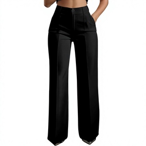 Pantalones de Verano para Mujer, de Cintura Alta, Pierna Ancha, Largos, de Color Sólido, Satinados, Cómodos, 100% Poliéster, Elegantes, Corte Recto, con Cierre - Product Image 1