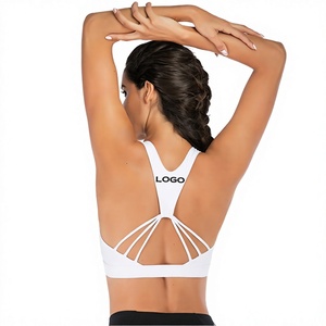 Sujetador deportivo sin costuras para mujer, con tirantes cruzados en la espalda, color liso, sexy, para entrenamiento, fitness, running, yoga, transpirable, con logo frontal, soporte medio - Product Image 3