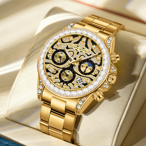 Montre analogique chronographe Caven Denton Rainbow Hollow-Out pour homme, boîtier en alliage doré, lunette en verre sertie de diamants, date luminescente, fermoir caché - Product Image 2