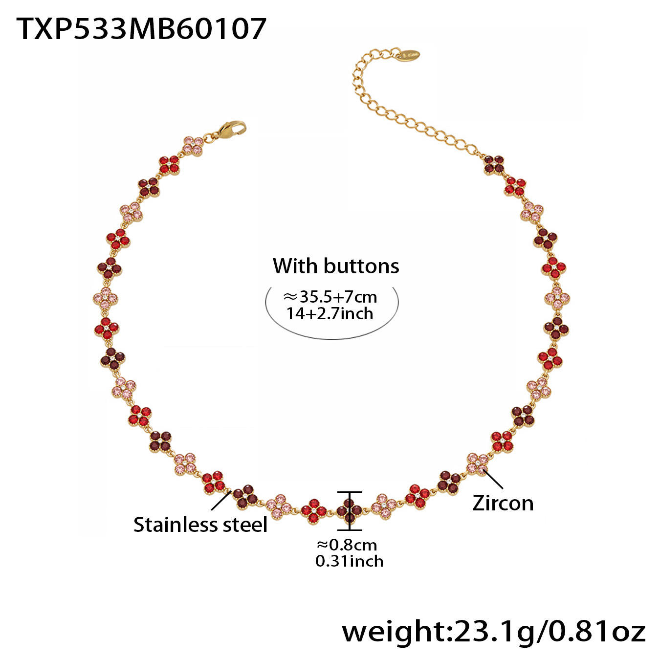 Txp533-collier zircon rouge 355 7cm