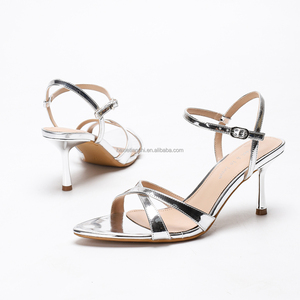 Elegant <strong>Silver</strong> Metallic Strappy <strong>Heels</strong> Women Sexy Open Toe <strong>Sandals</strong> Ankle Strap Stiletto Pumps Evening Dress Shoes Custom OEM - Product Image 1