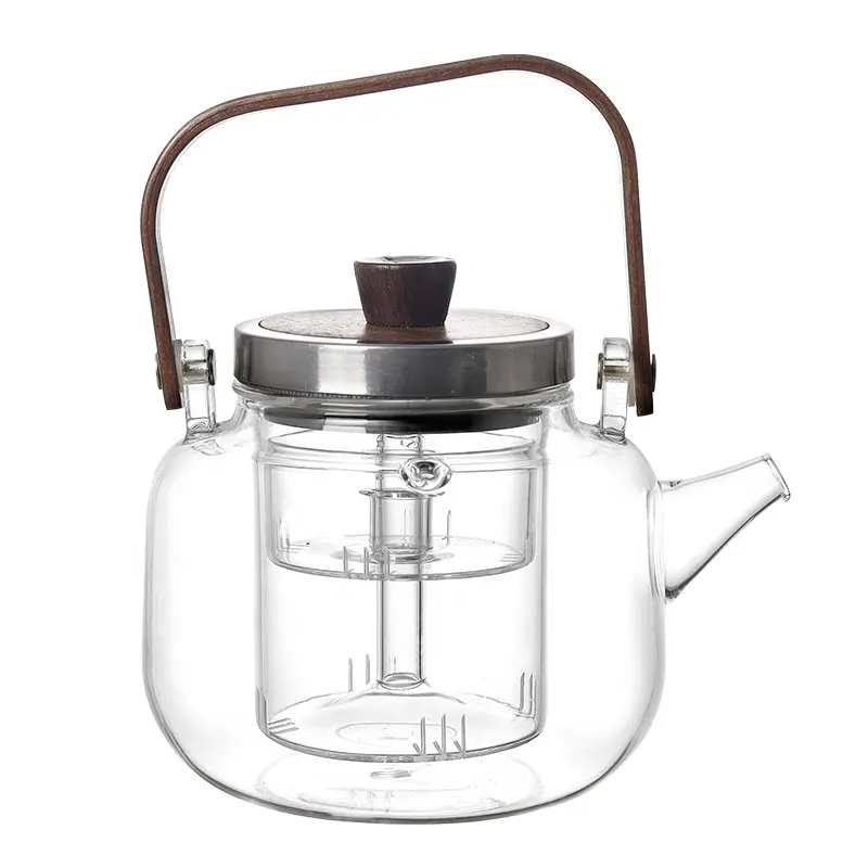 Handmade High Borosilicate 750ml Clear Glass Teapot Set Custom Tea Pot Glass With Infuser And Wooden Handle