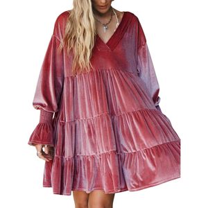 Robe tunique en velours pour femme, col en V, manches longues bouffantes, volants superposés, coupe trapèze, longueur thé, robe de soirée - Product Image 1