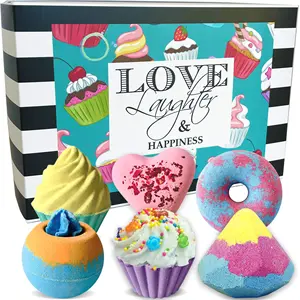 6 Pcs Fizzy Moisture Natural Handmade Cute Cupcake Shape Bubble Bath Bombs Gift Set for Holiday Kit