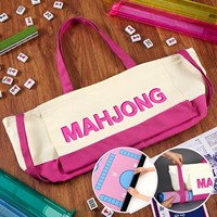 Sac fourre-tout Mahjong en toile color-block avec lettres, sangle latérale, tapis de table Mahjong et pochette à maquillage