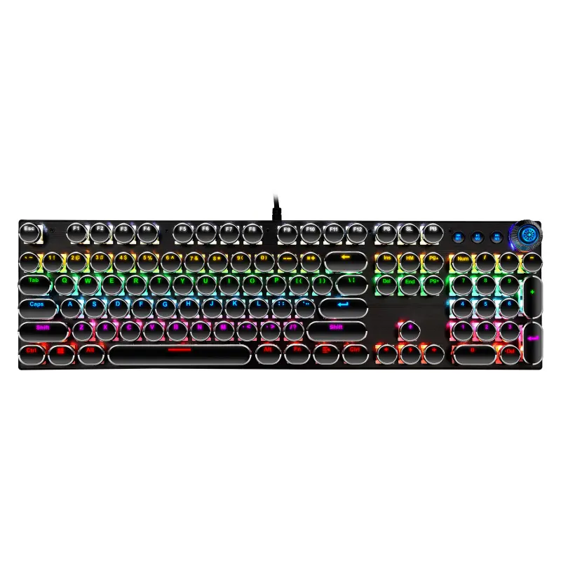 104 tombol bulat Keyboard mekanis, lampu RGB berkabel permainan hitam putih Punk