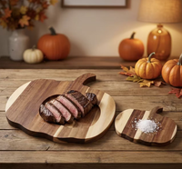 Bandeja para servir de calabaza hecha a mano, de madera maciza de acacia con vetas a rayas de dos tonos, juego de tabla de quesos, regalo para entretenimiento festivo