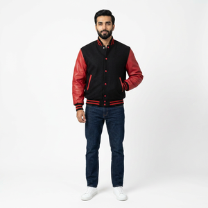 Blouson Bomber Homme Noir et Rouge Style Universitaire Col Montant Décontracté Professionnel Portable Respirant Baseball - Product Image 1