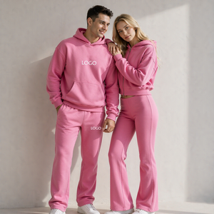 Ensemble de survêtement personnalisé pour couples : sweat à capuche oversize pour homme, sweat à capuche court zippé pour femme, pantalon évasé, ensemble sport deux pièces assorti - Product Image 1