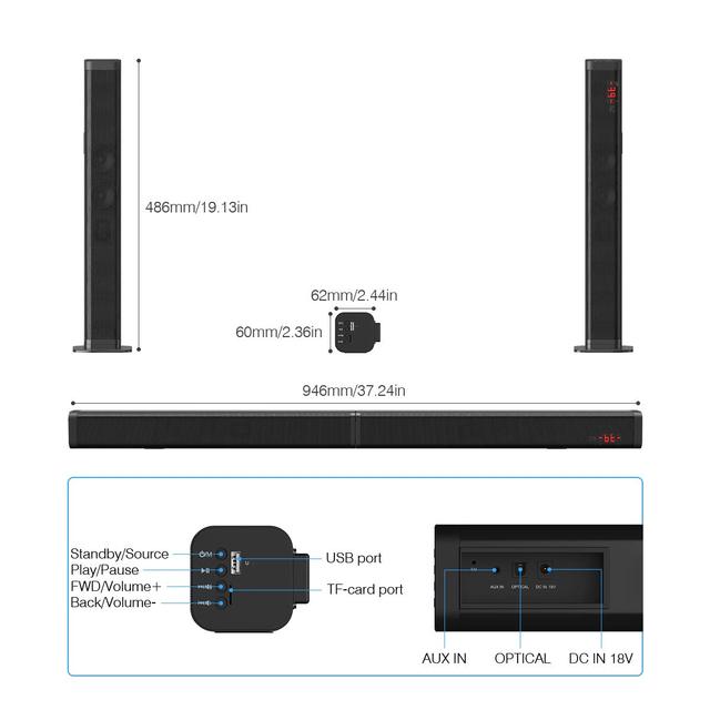 Samtronic 60W 950m HiFi Detachable Wireless BT 5.0 Soundbar Speaker 3D Surround Stereo Subwoofer for TV Home Theatre System