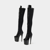 Bottes de danse à plateforme à lacets et bout ouvert pour femme, talons de 20 cm, bottes de motard montantes au-dessus du genou pour club de nuit, automne-hiver