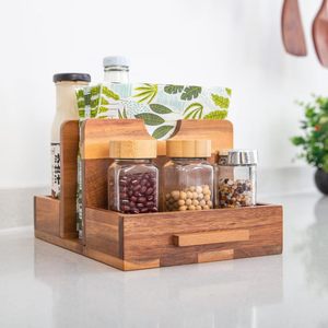 Wooden <b>Kitchen</b> Condiment Organizer With Bottle Holder And <b>Paper</b> Rack Multi Function Countertop Storage - Product Image 1