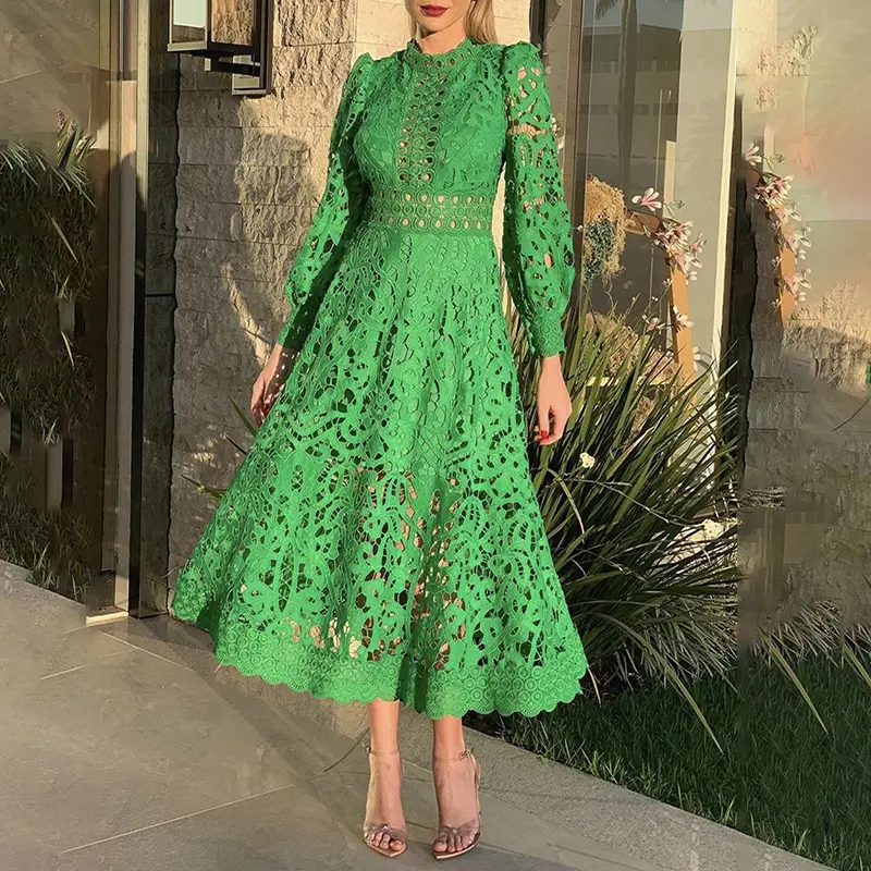 High Quality Puff Long Sleeve Fashionable Female Dress Court Style Embroidered Cutout Swing Women Green Lace Dress