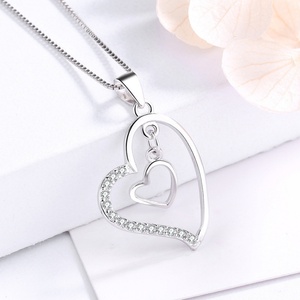 925 Sterling <b>Silver</b> Double <b>Heart</b> Women's <b>Necklace</b> Rhodium Plated with Pave Zircon Stone Trendy Style for Wedding Engagement Gift - Product Image 6