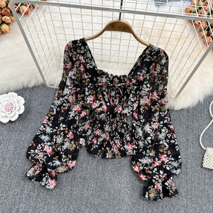 <span class=keywords><strong>Camicia</strong></span> Primaverile Retrò con <span class=keywords><strong>Colletto</strong></span> Quadrato, Maniche a Sbuffo, <span class=keywords><strong>Volant</strong></span> Floreali in Chiffon, Vestibilità Slim con Fiocco, Elegante per Donne - Product Image 4