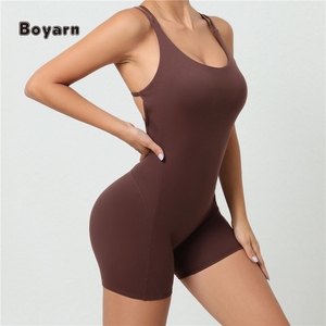 Boyarn จั๊มสูทขาสั้นสำหรับผู้หญิง, จั๊มสูทขาสั้นสำหรับใส่เล่นกีฬาก้นสีพีชมีสายคล้องไหล่สองข้างเพื่อความสวยงามด้านหลัง - Product Image 6