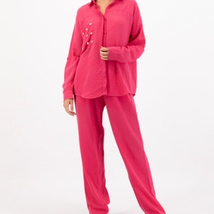 Conjunto de Dos Piezas Chic para Mujer, Verano 2025, Color Sólido, Camisa Plisada y Pantalones Anchos de Lino - Product Image 1