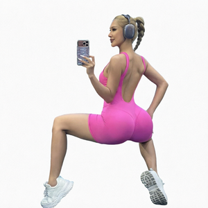 Women Premium Hot Pink Backless Yoga Unitard with <b>Booty</b> Scrunch Detail and High Stretch Fabric for Professional Fitness Brands - Product Image 1