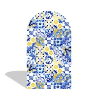 Support d'arche métallique avec housse en tissu personnalisée en porcelaine bleue et blanche pour la décoration de mariages, anniversaires et événements